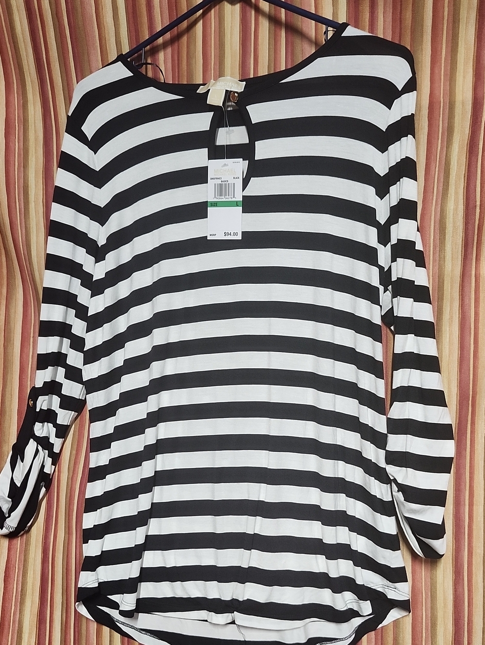 Michael Kors Black and White Striped Long Sleeve Jersey Top